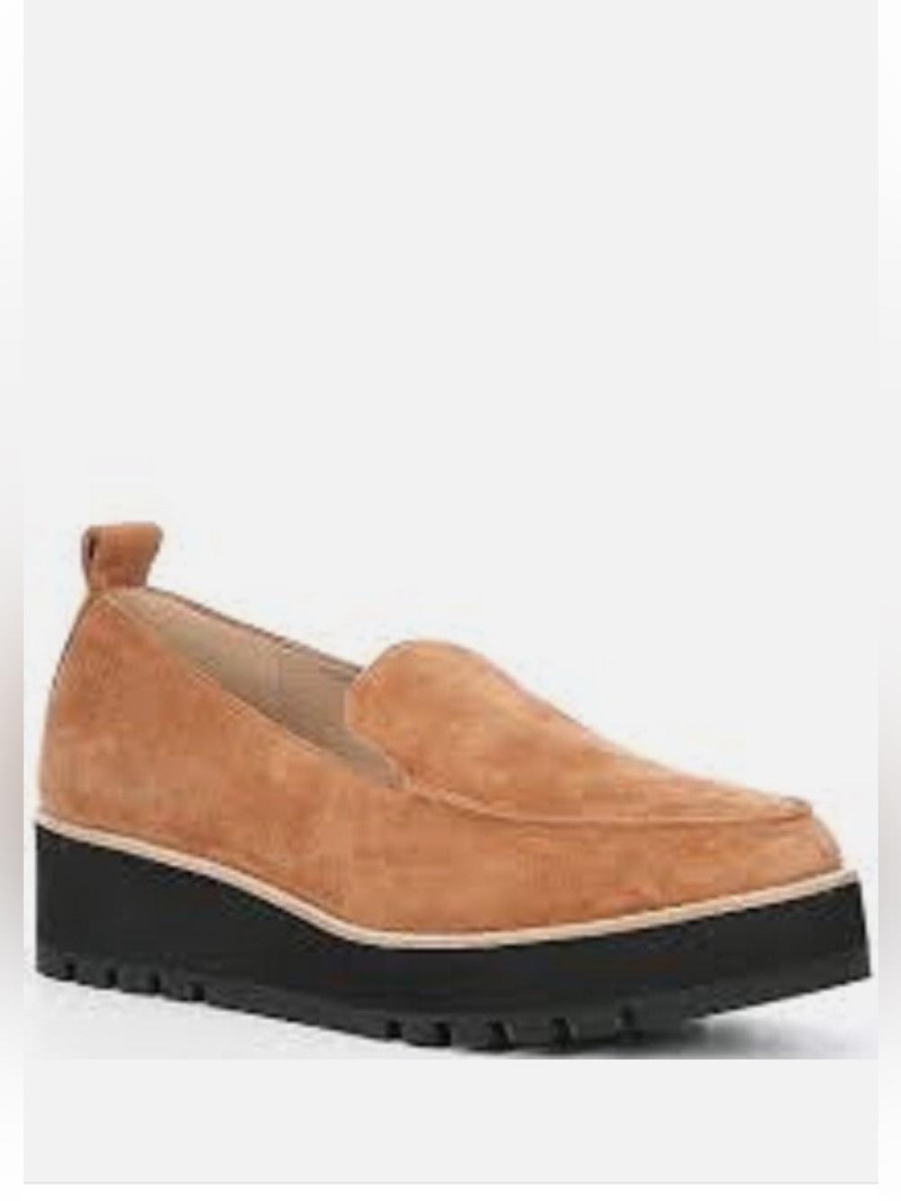 Eileen Fisher Ells Suede Platform Loafer in Camel Chunky Black Sole Shoes SZ 9